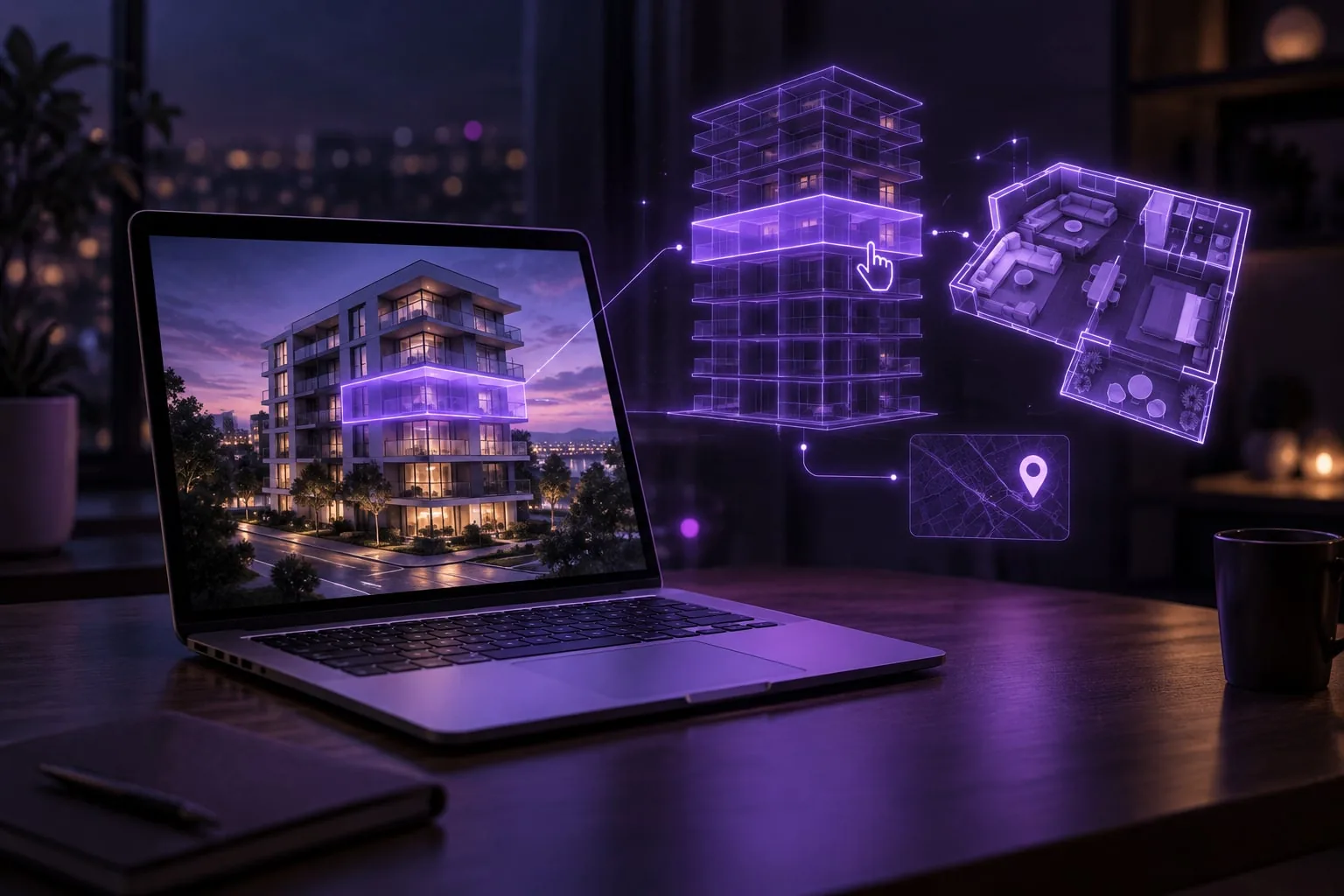Notebook s webom bytového domu a hologram budovy so zvýrazneným podlažím, pôdorysom bytu a mapou